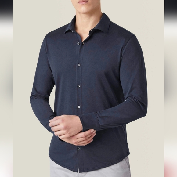 Luca Faloni Como Cotton Silk Dark Blue Button-Up Shirt Long Sleeve Navy - Picture 1 of 9